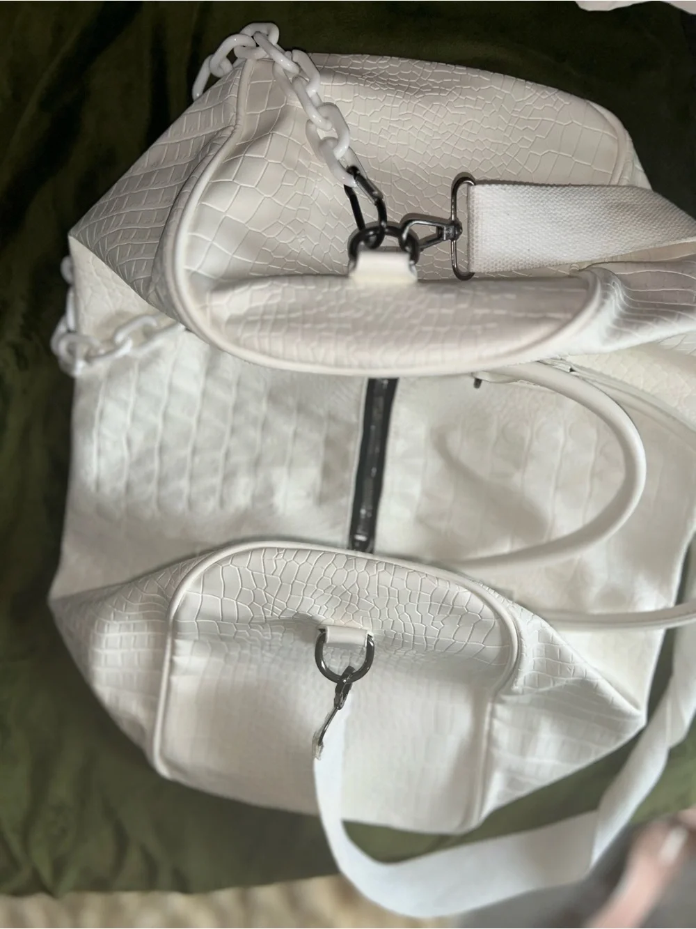 White Croc-Texture Shoulder Tote Bag